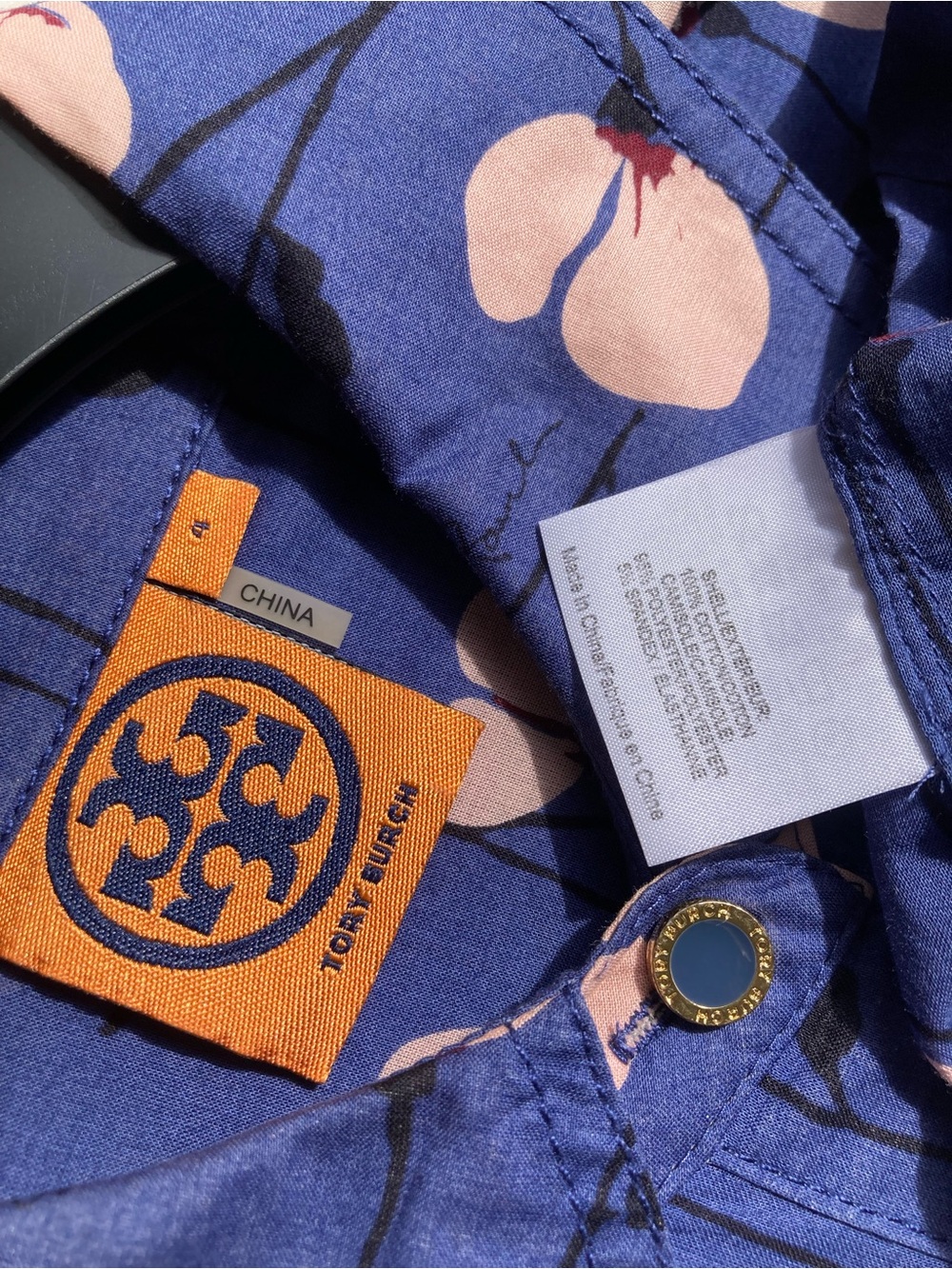 Tory Burch 100% Cotton Blue Button Front Belted Shirt Dress Pink Flower Print - Picture 11 of 14